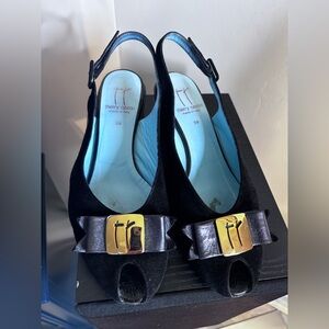 Thierry Rabotin Black Suede Peep-Toe Slingback Heels with Gold Buckle 39